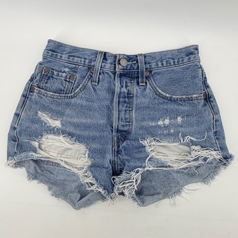 Levis Denim Shorts Womens 24 Blue 501 Original Distressed Cut Off High Rise Jean